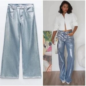 Zara Women's High Waisted Silver Foil Jeans Size 0